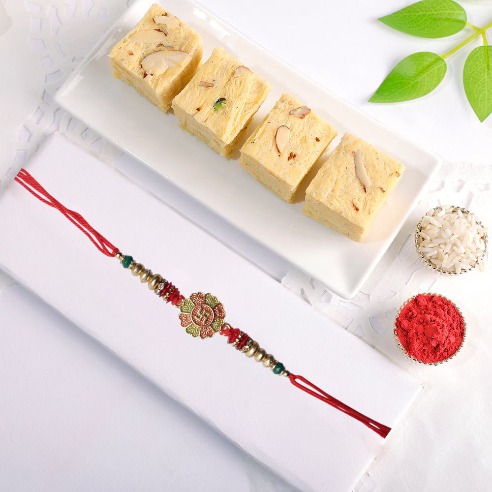 Elegant Lumba Love Rakhi Combo with Desi Ghee Laddoo, Soan Papdi & Kaju Katli 200 gm