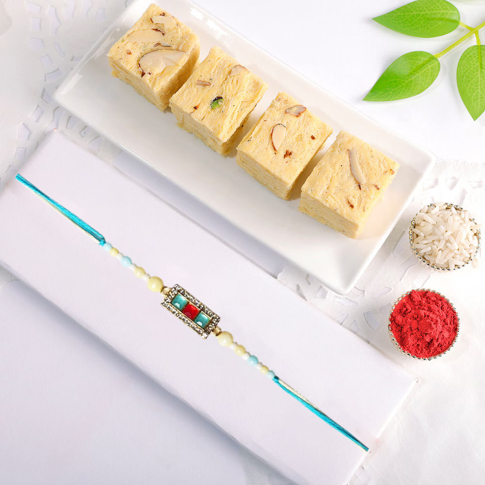 Royal Threads Brother Rakhi Combo with Desi Ghee Laddoo, Soan Papdi & Kaju Katli 200 gm