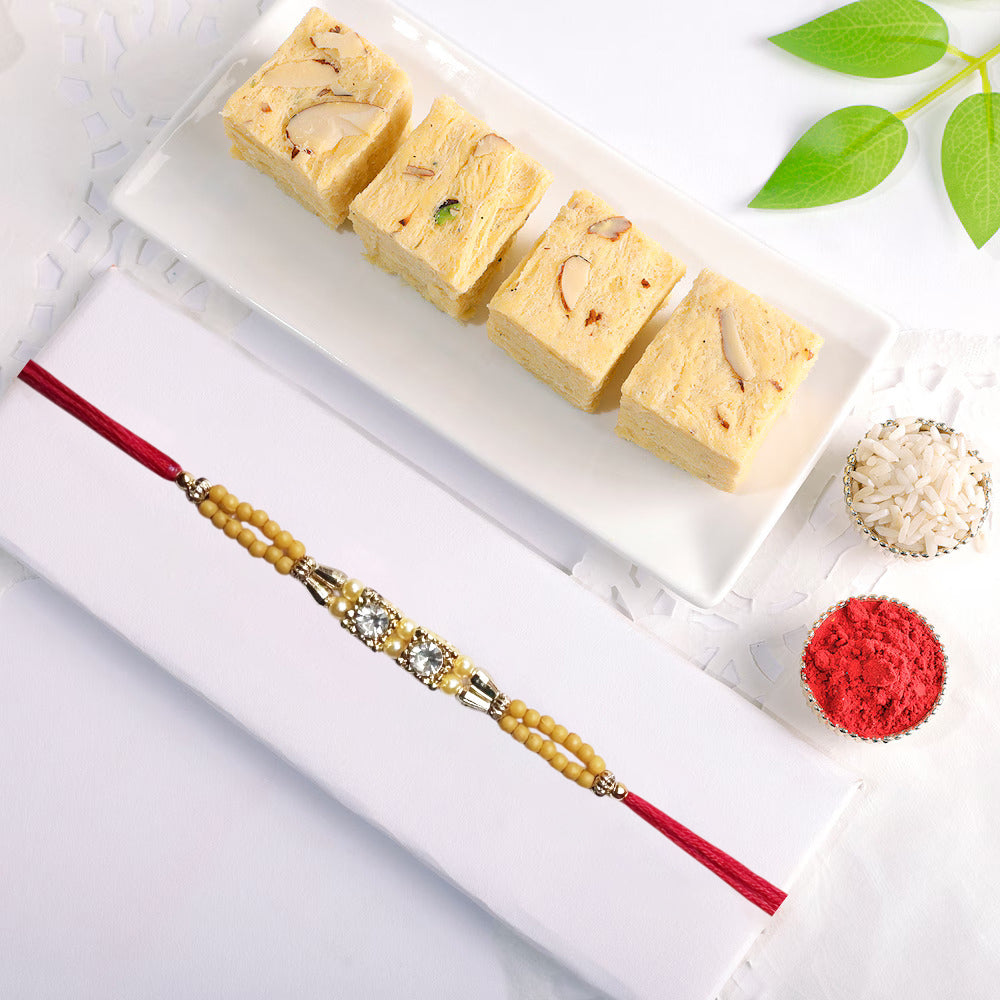 Gold Bloom Designer Rakhi Combo with Desi Ghee Laddoo, Soan Papdi & Kaju Katli 200 gm