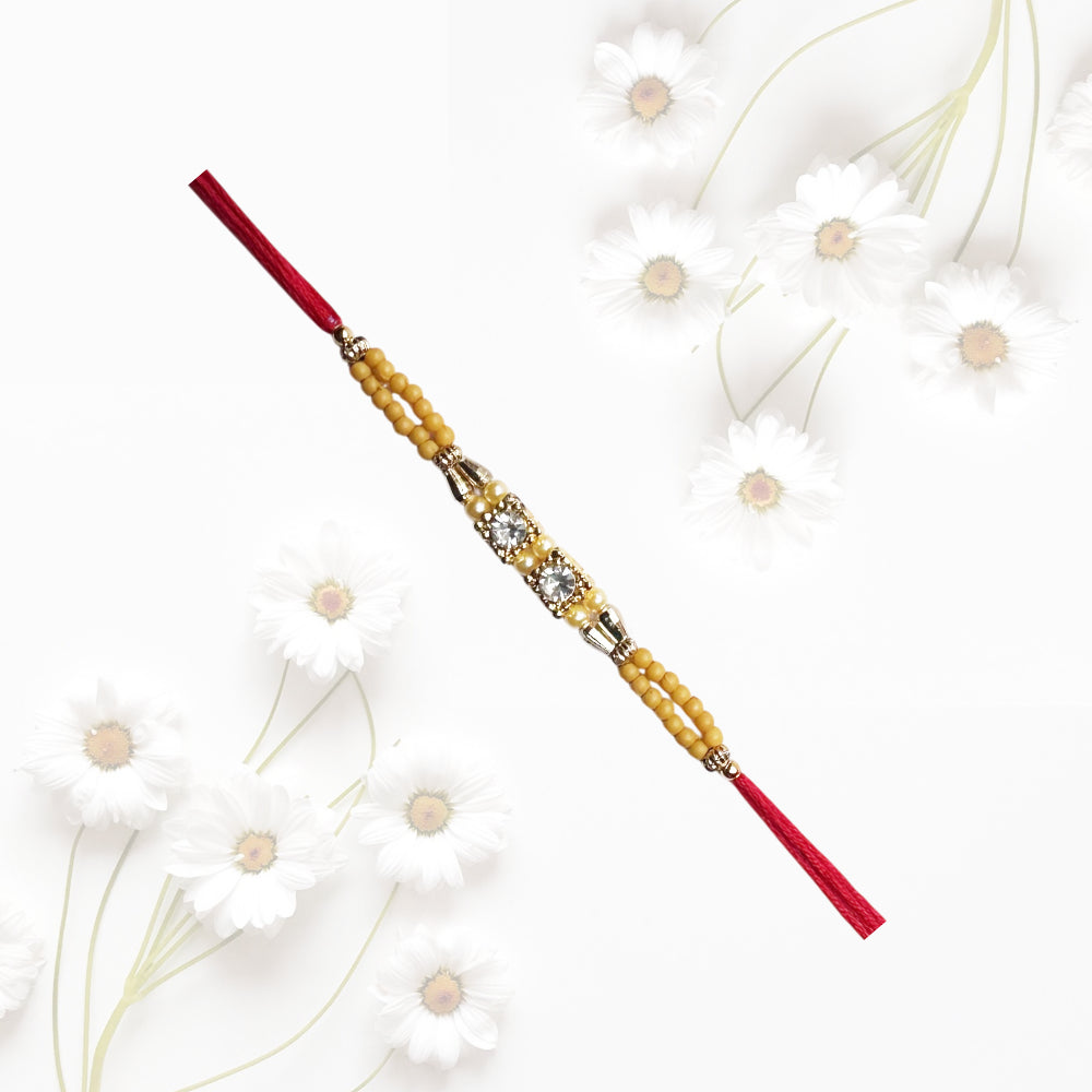 Gold Bloom Designer Rakhi Combo with Desi Ghee Laddoo, Soan Papdi & Kaju Katli 200 gm