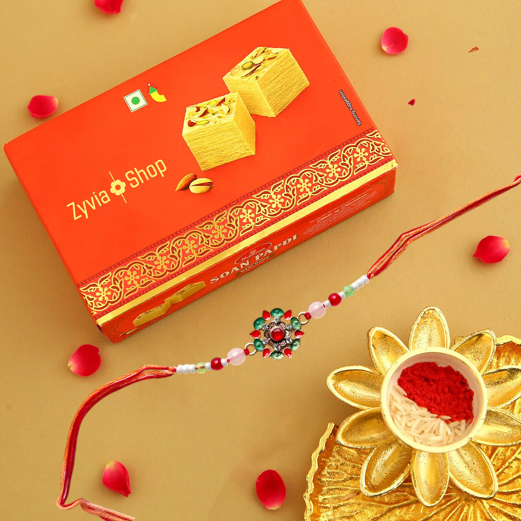 Divine Glow Designer Rakhi Combo with Desi Ghee Laddoo, Soan Papdi & Kaju Katli 200 gm