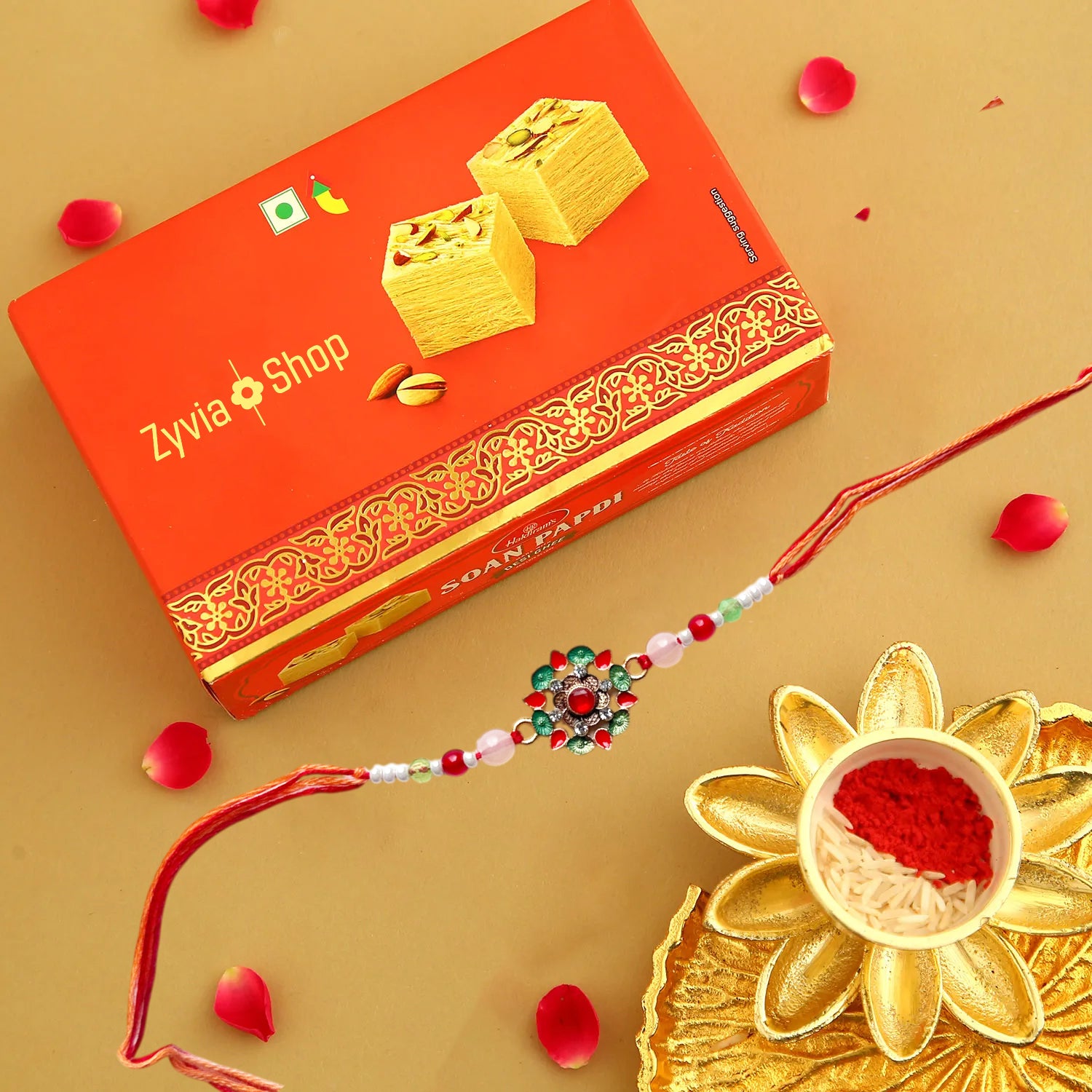 Divine Glow Designer Rakhi Combo with Desi Ghee Laddoo, Soan Papdi & Kaju Katli 200 gm