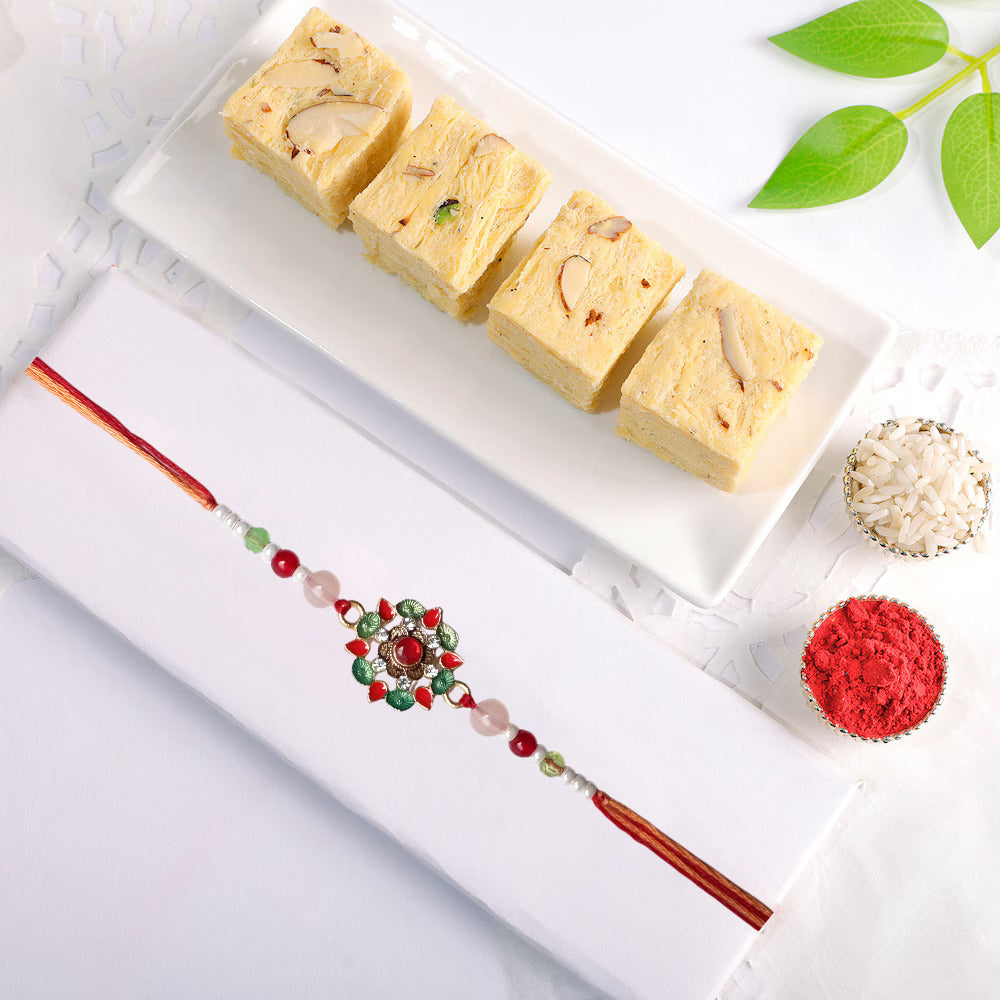 Divine Glow Designer Rakhi Combo with Desi Ghee Laddoo, Soan Papdi & Kaju Katli 200 gm