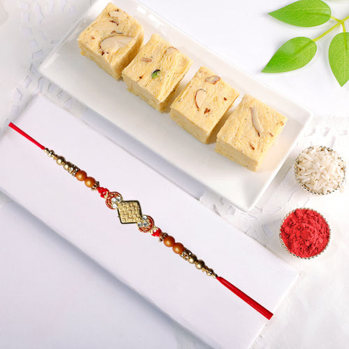 Classic Blessings Rakhi Combo with Desi Ghee Laddoo, Soan Papdi & Kaju Katli 200 gm