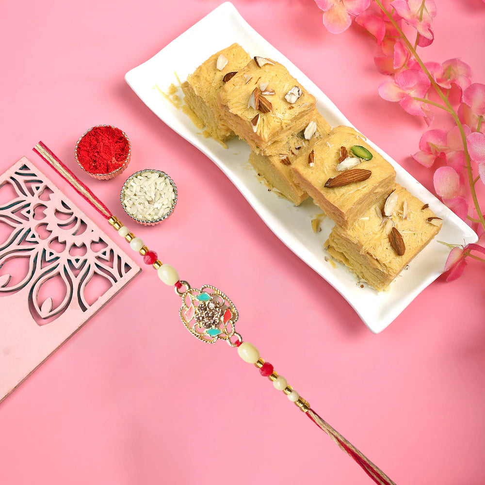 Duo Delight Bhaiya‑Bhabhi Rakhi Combo with Desi Ghee Laddoo, Soan Papdi & Kaju Katli 200 gm