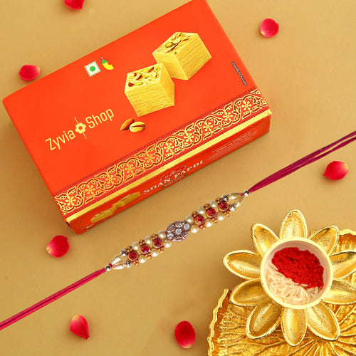 Divine Glow Designer Rakhi Combo with Desi Ghee Laddoo, Soan Papdi & Kaju Katli 200 gm