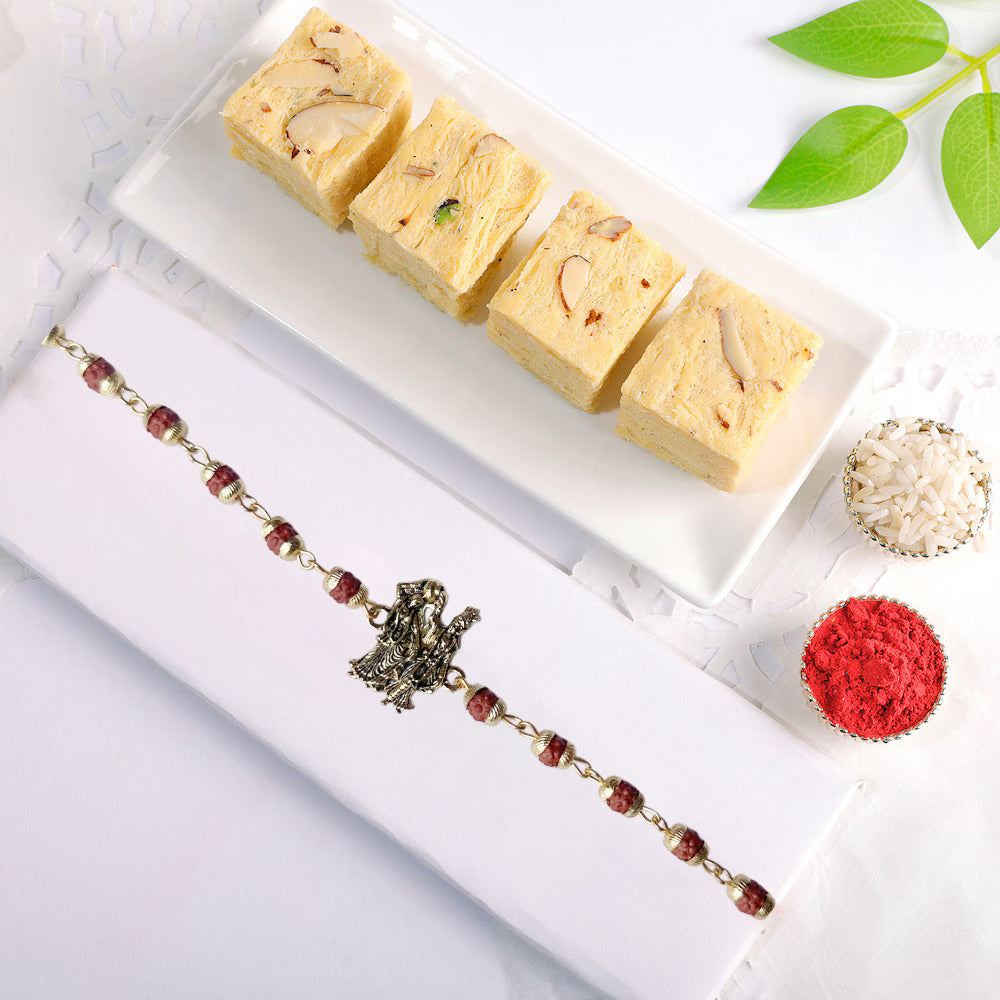 Radhakrishn Designer Rakhi Combo with Desi Ghee Laddoo, Soan Papdi & Kaju Katli 200 gm