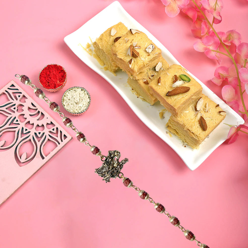 Radhakrishn Designer Rakhi Combo with Desi Ghee Laddoo, Soan Papdi & Kaju Katli 200 gm