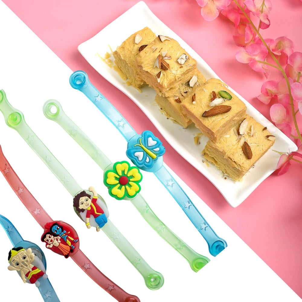 winkle Star Light Kids Rakhi Combo with Desi Ghee Laddoo, Soan Papdi & Kaju Katli 200 gm