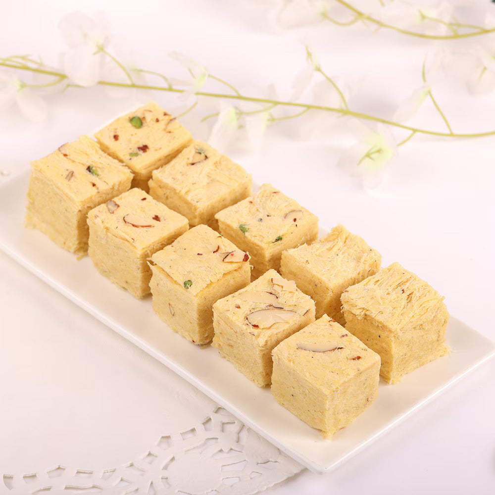 Divine Glow Designer Rakhi Combo with Desi Ghee Laddoo, Soan Papdi & Kaju Katli 200 gm