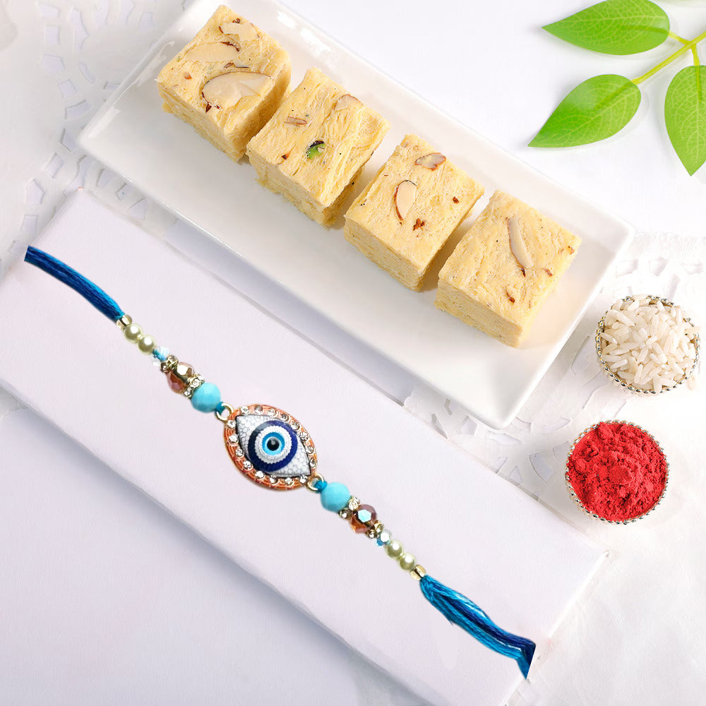 Sacred Bond Premium Rakhi Combo with Desi Ghee Laddoo, Soan Papdi & Kaju Katli 200 gm