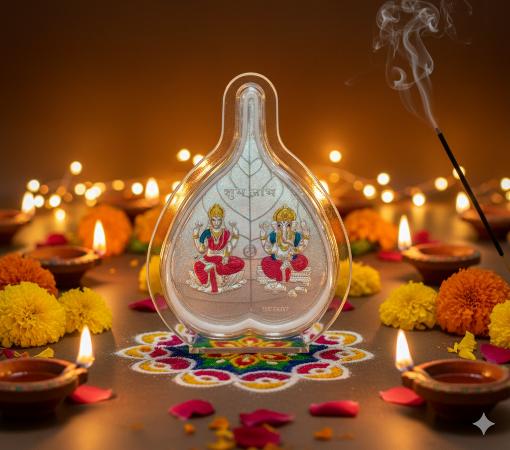 Shubh Labh – 999 Silver Lakshmi Ganesh Frame (Pan Leaf Design)