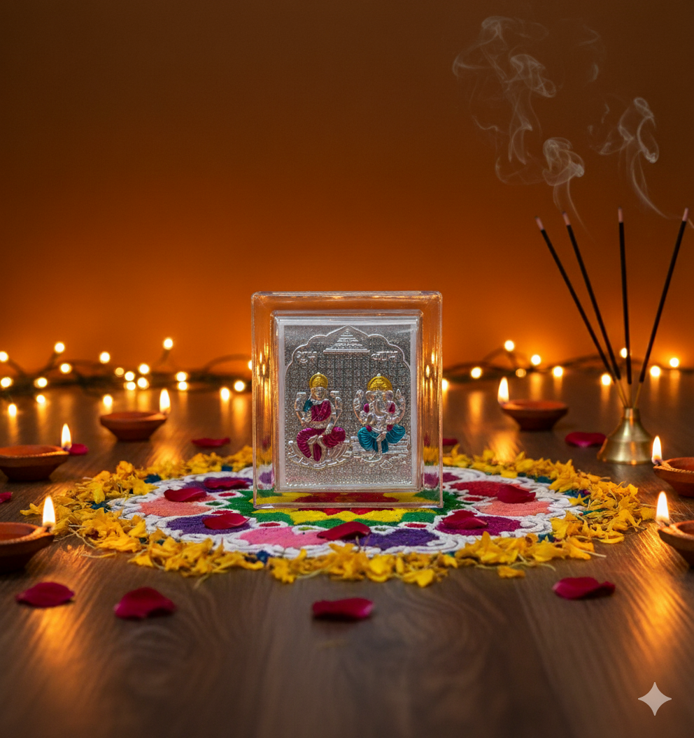 Lakshmi Ganesh Wooden Frame – 999 Pure Silver (Gold-Edge Design)