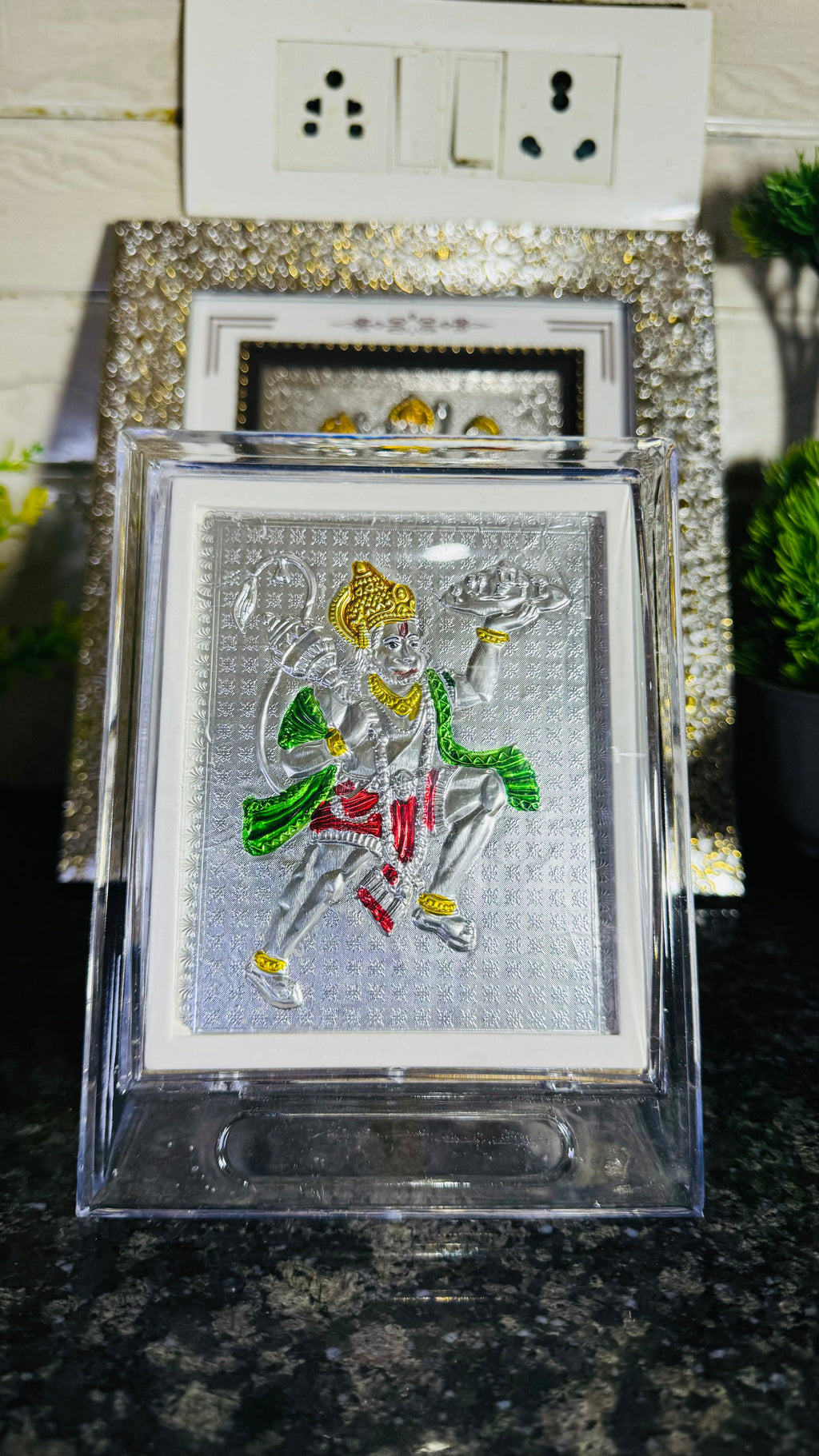 999 Silver Hanuman Ji Flying with Sanjeevani Mountain – Encased in Crystal