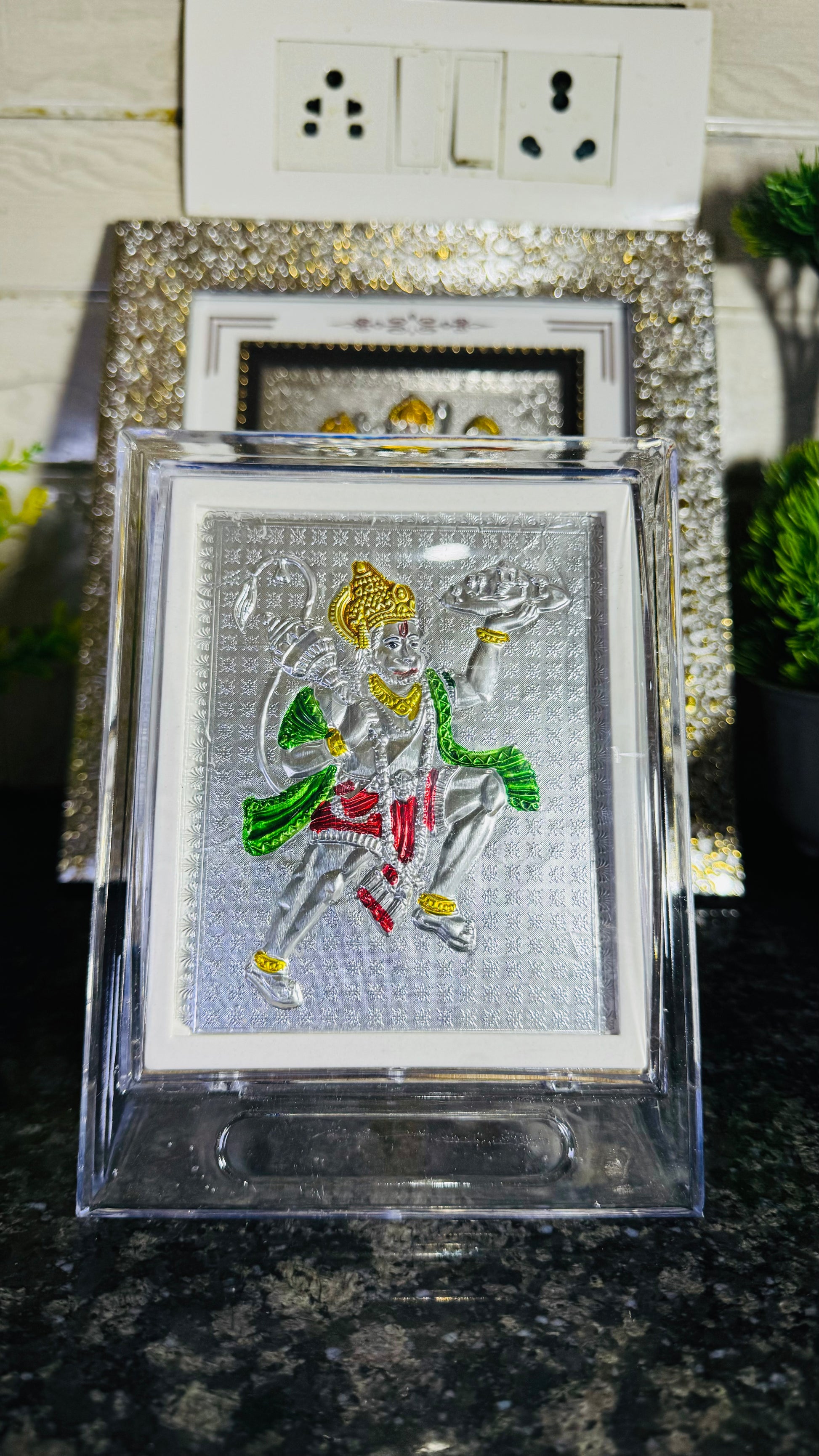 999 Silver Hanuman Ji Flying with Sanjeevani Mountain – Encased in Crystal