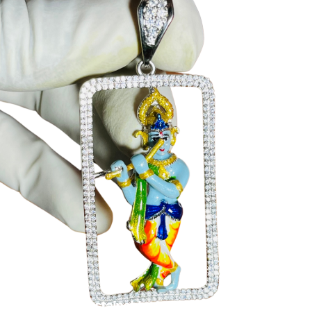 🎶 Krishna Murli Leela Pendant – 925 Pure Silver | Hand-Painted Idol with CZ Diamond Frame