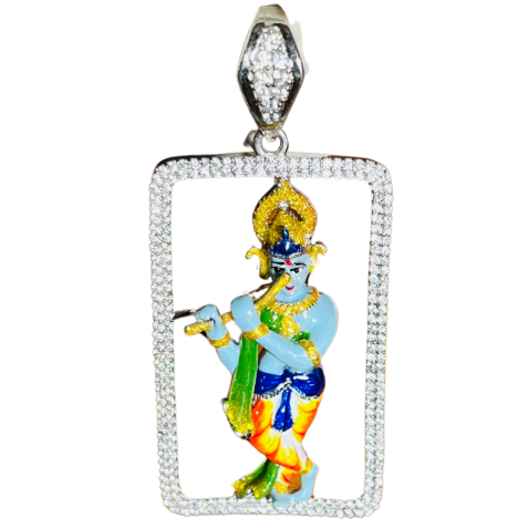 🎶 Krishna Murli Leela Pendant – 925 Pure Silver | Hand-Painted Idol with CZ Diamond Frame