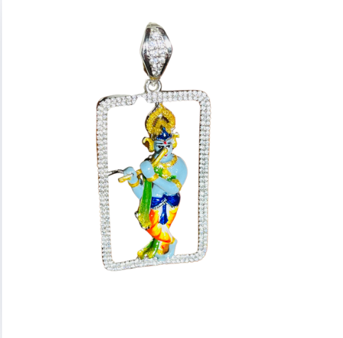 🎶 Krishna Murli Leela Pendant – 925 Pure Silver | Hand-Painted Idol with CZ Diamond Frame