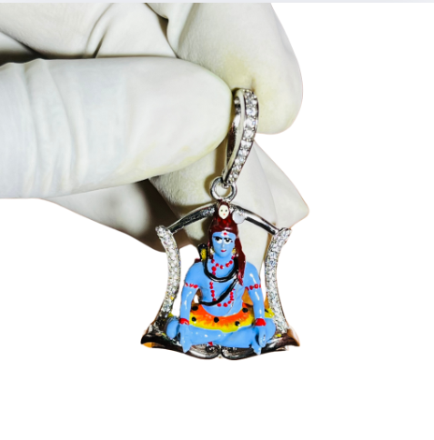 🕉️ Mahadev Meditation Pendant 925 Hallmarked Silver | Hand-Painted Idol | CZ Diamond Frame