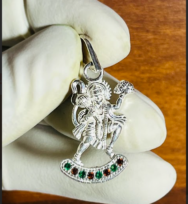 🏔️ Hanuman Sanjeevani Pendant – Pure Silver | Dynamic Pose with Tricolor Stonework