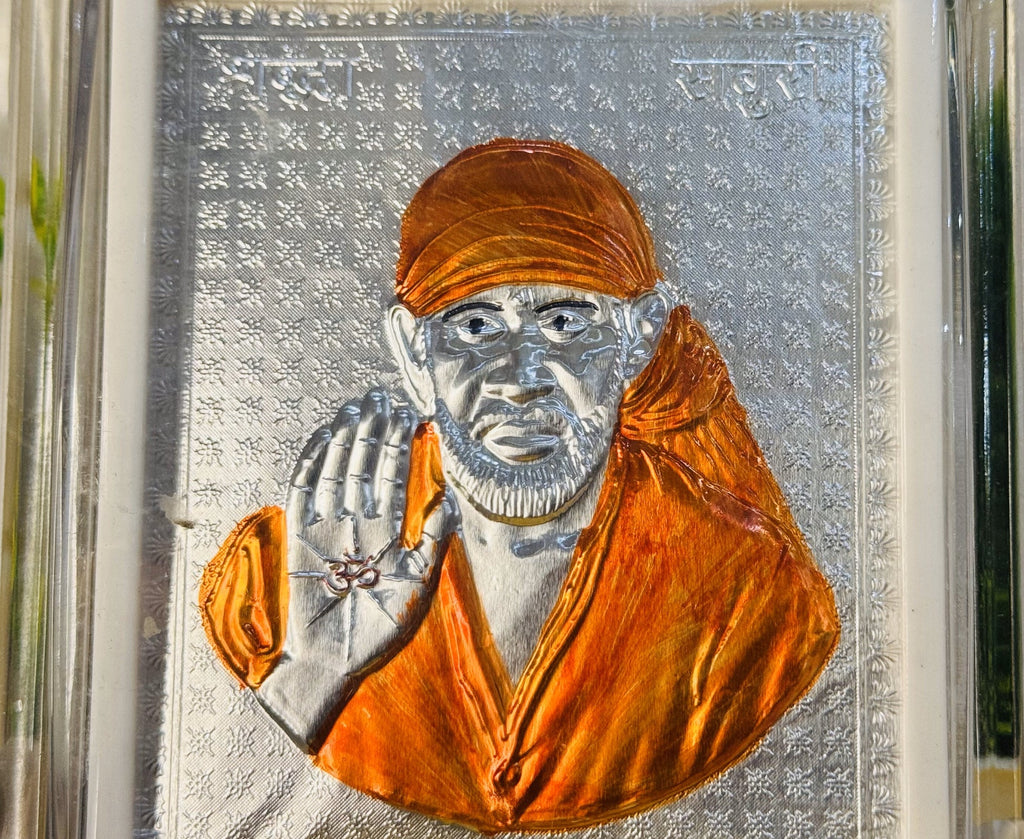 999 Silver Shirdi Sai Baba Divine Frame – Large Size (Encased in Crystal)